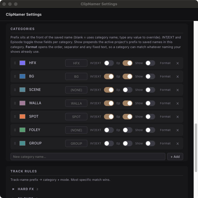 ClipNamer category settings