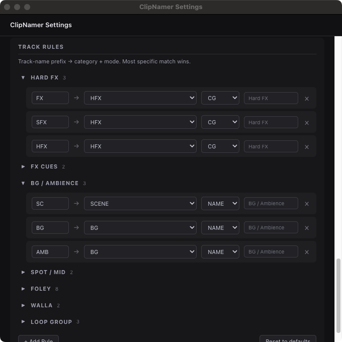 ClipNamer track rules