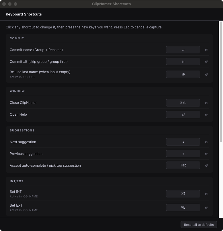 Shortcuts window
