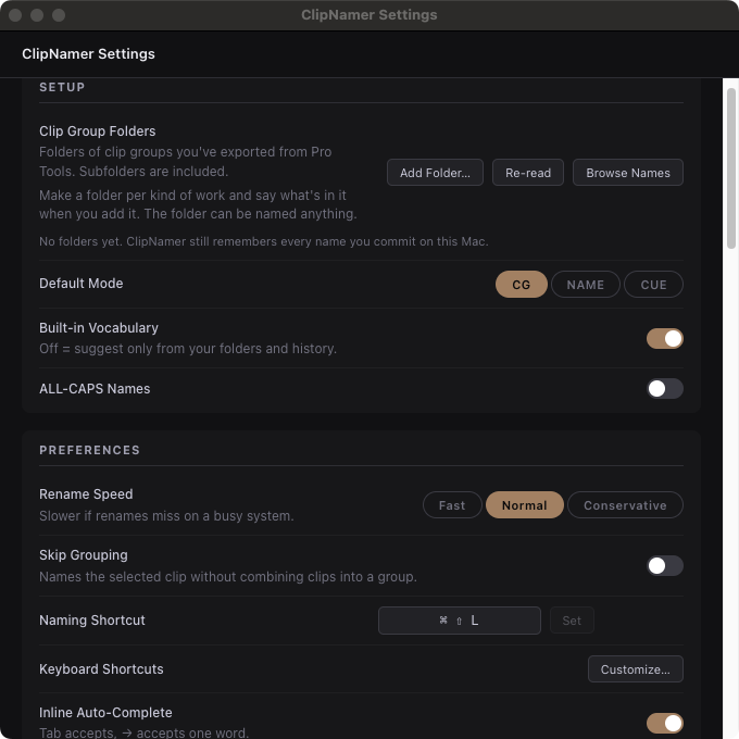 Settings — Setup