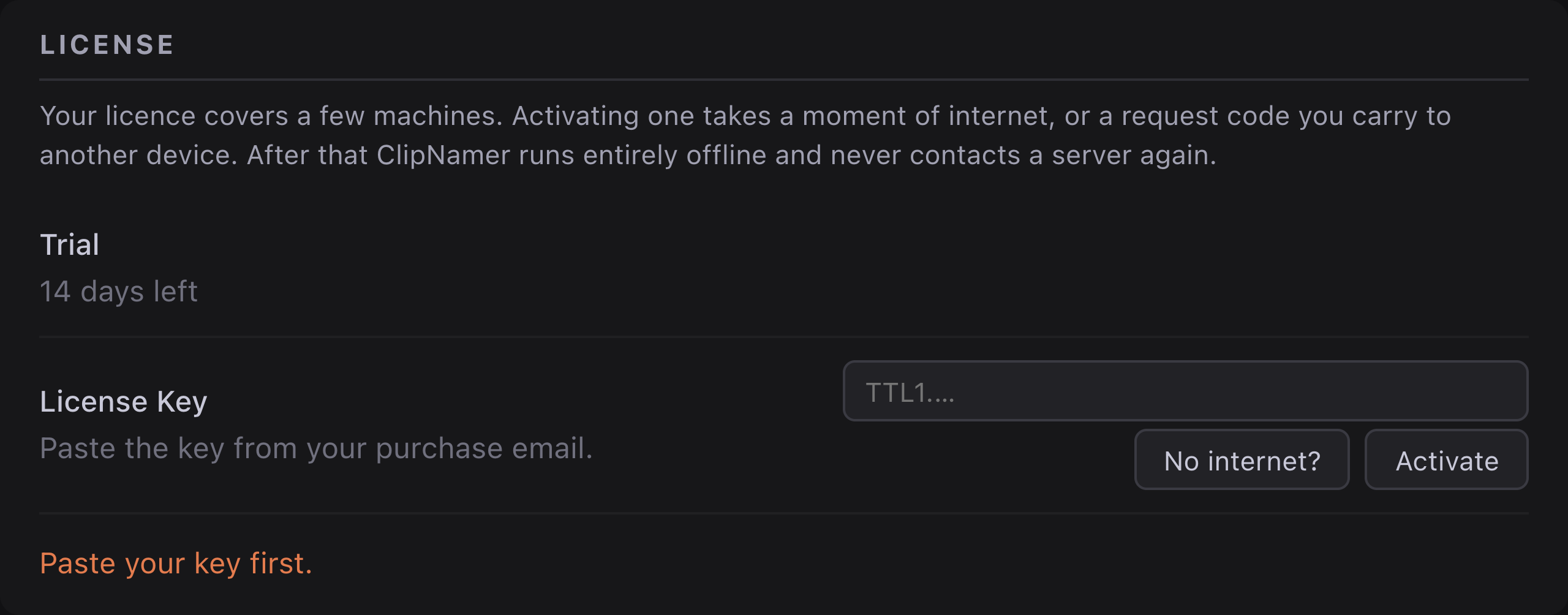 Settings — License